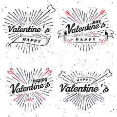 Happy Valentine s Day vector vintage illustration. Set of signs with sun beams and arrows. Stamps label with sun rays. Valentine s Day ornament. Bursting heart shape. Romantic decoration element.