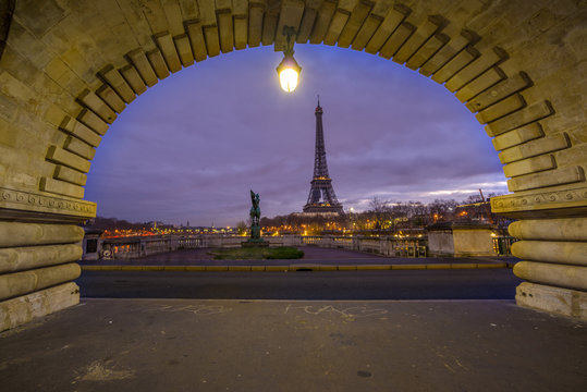 Eiffel Tower from Bir-Hakeim metal bridge in the morning, Paris