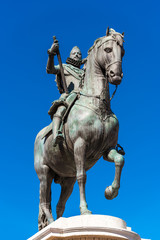 Fototapeta na wymiar Bronze equestrian statue of King Philip III in Madrid, Spain. Copy space for text. Vertical.
