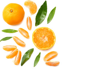 healthy food. sliced orange with green leaf isolated on white background top view