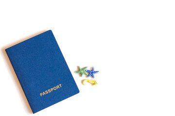 Travel concept. top view of passport with starfish, horses, seashellson white background, mock up. Isolated. Closed up