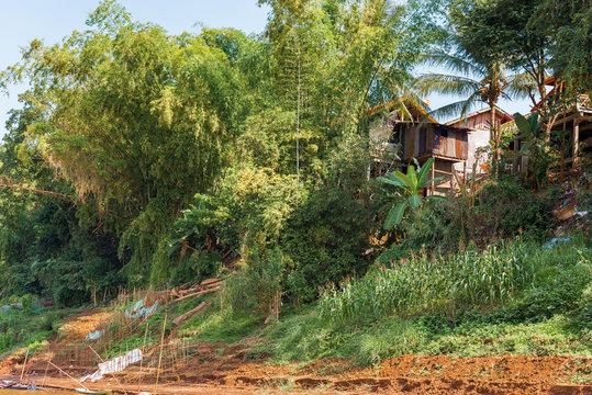 View of the building by the Nam Khan river, Louangphabang, Laos. Copy space for text.