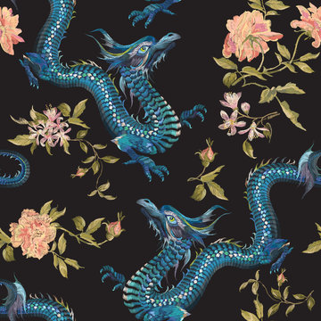 Embroidery oriental floral pattern with dragons and gold roses. Vector seamless embroidered template with flowers and animal for fashion design.