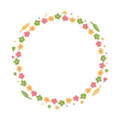 Spring, summer cute round frame with cute doodle flowers, leaves, hearts.