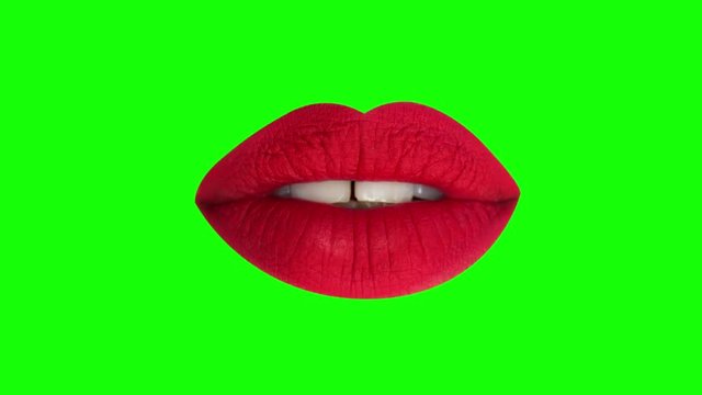 sequence of different images of woman's beautiful full red lips against green screen