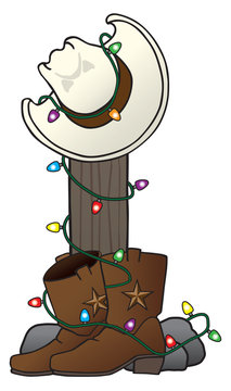 Cowboy hat and boots are decorated with Christmas lights