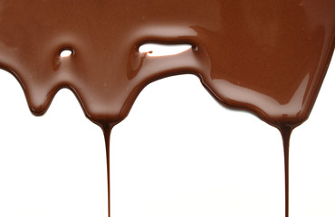 Close up of chocolate syrup leaking on white background