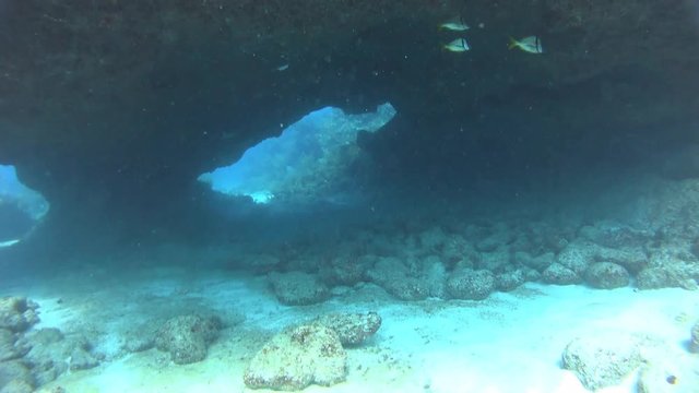 Scuba diving between underwater rocks.