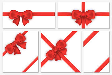 Set of gift cards with luxury red bows. Decorative gift bows with satin ribbons for wrapping, frames, banner, invitation