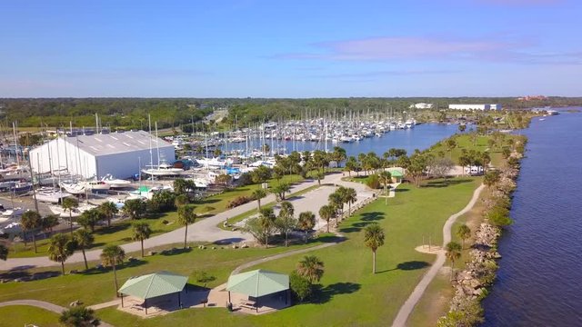 Aerial boat marina Titusville FL 4k 24p