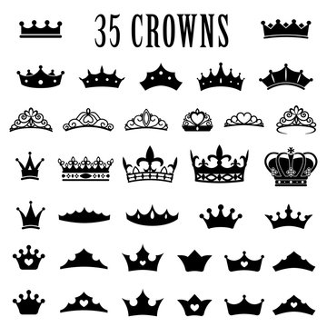 Crown icons. Princess crown. King crowns. Icon set. Antique crowns. Vector illustration. Flat style.