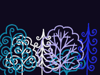 Colorful hand drawn abstract view of blue and white trees without leaves on dark blue background, cartoon illustration of forest painted by watercolor and pencil paper chalk, high quality