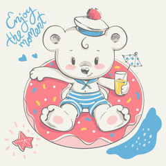 Cute little bear swimming with ring cartoon hand drawn vector illustration. Can be used for baby t-shirt print, fashion print design, kids wear, baby shower celebration, greeting and invitation card.