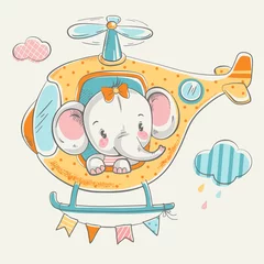 Tuinposter Olifant in een vliegtuig Schattige kleine olifant op een helikopter cartoon hand getekende vectorillustratie. Kan worden gebruikt voor baby t-shirt print, fashion print design, kinderkleding, baby shower viering, groet en uitnodigingskaart.