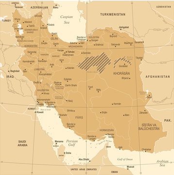 Iran Map - Vintage Detailed Vector Illustration