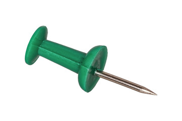 Green pushpin on a white background