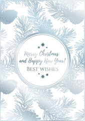 Template of snowy greeting card with silver pine lace.