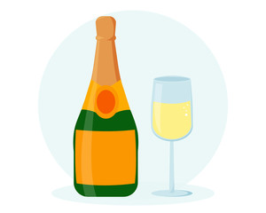 Champagne bottle with champagne glass illustration. Flat design. New year eve concept. Can be used for banners, greeting cards design, etc