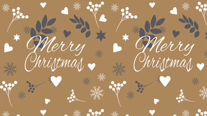 Merry Christmas Seamless Background Pattern with heart, leaves, snowflakes, holly, star and lettering