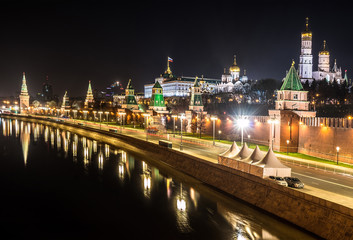 Moscow Kremlin at night with reflection in the Moscow river