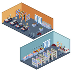 Isometric 3D vector illustration set of a grocery store with buyers and cashier