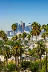 Tuinposter Downtown skyline van Los Angeles, Californië, VS en palmbomen op de voorgrond © chones