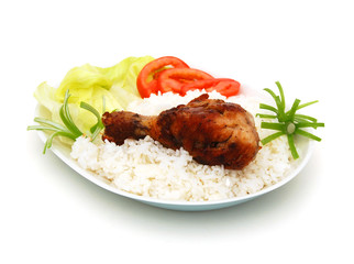 fried chicken with rice and fresh salad