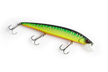 Colorful wobbler isolated on white background. Fishing lures. Macro.
