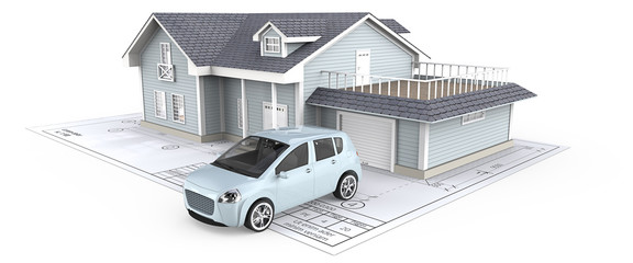 Home. Blue Generic Car and House with Light from windows ontop of Blueprint. 3D render.
