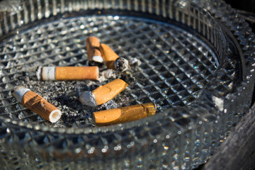 Close Up of A Glass Ashtray With Some Consumed Cigarettes