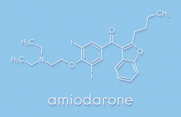 Amiodarone antiarrhythmic drug molecule. Skeletal formula.