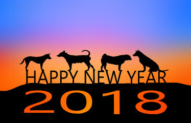 2018 Dog year zodiac. New Year Silhouette of a dog and greetings.
