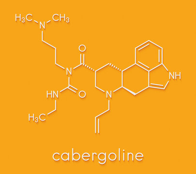 Cabergoline drug molecule. Used in Parkinson's disease and other disease conditions. Skeletal formula.