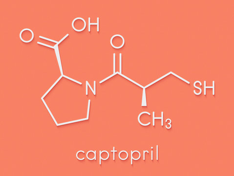 Captopril high blood pressure (hypertension) drug. An angiotensin-converting enzyme inhibitor (ACE inhibitor) Skeletal formula.