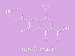 Ciprofloxacin antibiotic drug (fluoroquinolone class) molecule. Skeletal formula.
