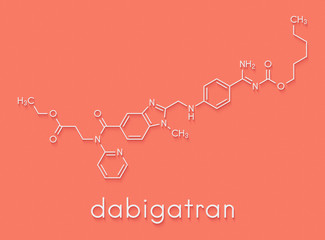 Dabigatran anticoagulant drug (direct thrombin inhibitor) molecule. Skeletal formula.
