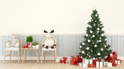 animal doll with christmas tree and gift box in living room or coffee shop -  artwork for Christmas day or happy new year- 3D Rendering