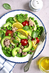 Tuna salad with pasta and vegetables.Top view.