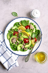 Tuna salad with pasta and vegetables.Top view.