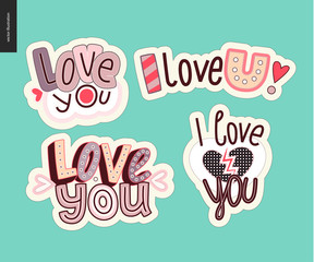 Set of contemporary girlie Love You letter logo. A set of vector patches, logo and letter composition. Vector stickers kit.