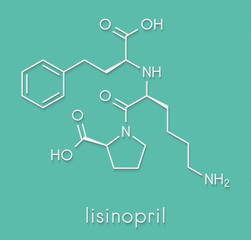 Lisinopril hypertension or high blood pressure drug (ACE inhibitor) molecule. Skeletal formula.
