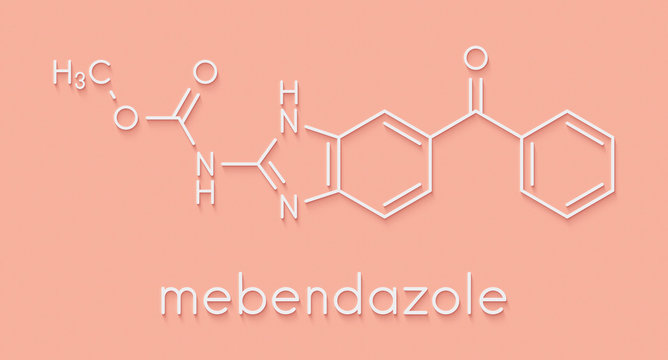 Mebendazole anthelmintic drug molecule. Used to treat worm infestations. Skeletal formula.