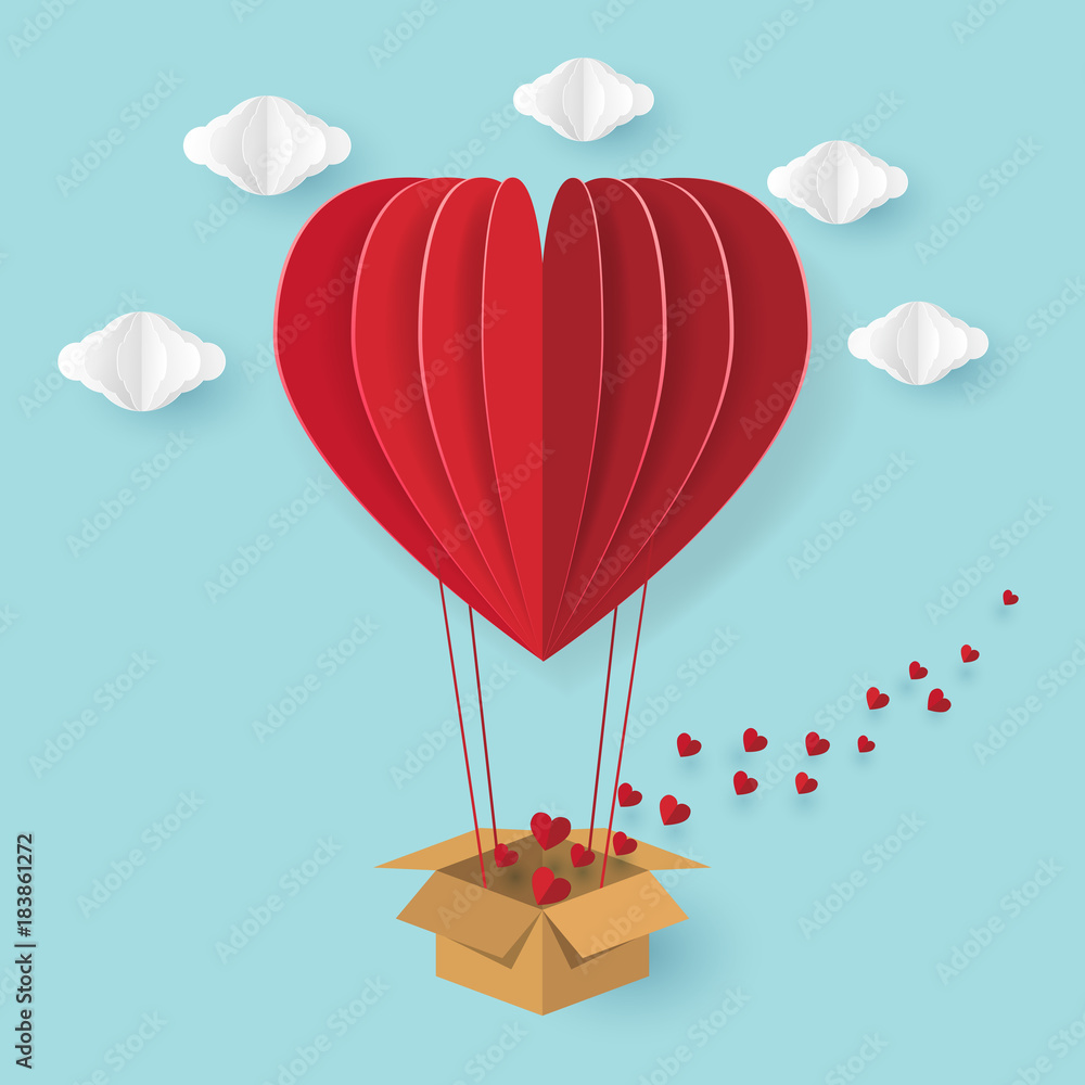 Wall mural hot air balloon in heart shape flying on blue sky with love concept.vector illustration.