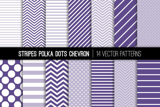 Ultra Violet Polka Dot, Chevron and Diagonal and Horizontal Stripes Vector Patterns. 2018 Color of the Year. Modern Minimal Backgrounds. Various Size Spots and Lines. Tile Swatches Included.