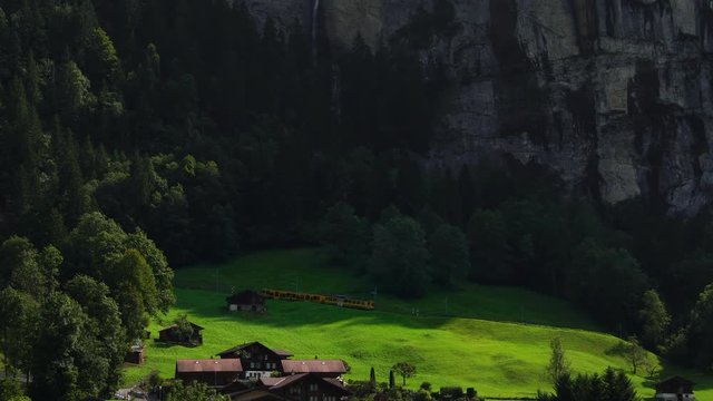 Train heading to Kleine Scheidegg in Lauterbrunnen valley Grindelwald in Switzerland 