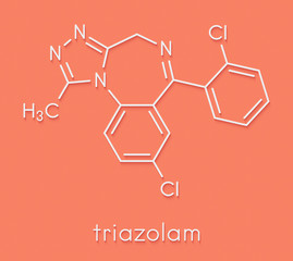 Triazolam insomnia drug (sleeping pill, benzodiazepine class) molecule. Skeletal formula.