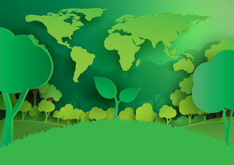 Seedling from earth.Eco green forest.Save the world and environment concept paper art style.Vector illustration.