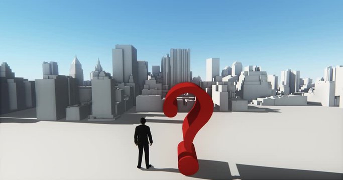 4k businessman standing on the top of 3d question mark,and overlook the abstract urban building,Business empire.