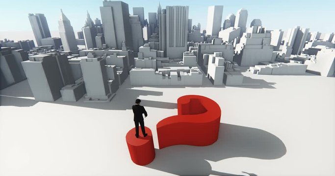 4k businessman standing on the top of 3d question mark,and overlook the abstract urban building,Business empire.