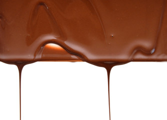 Close up of chocolate syrup leaking on white background